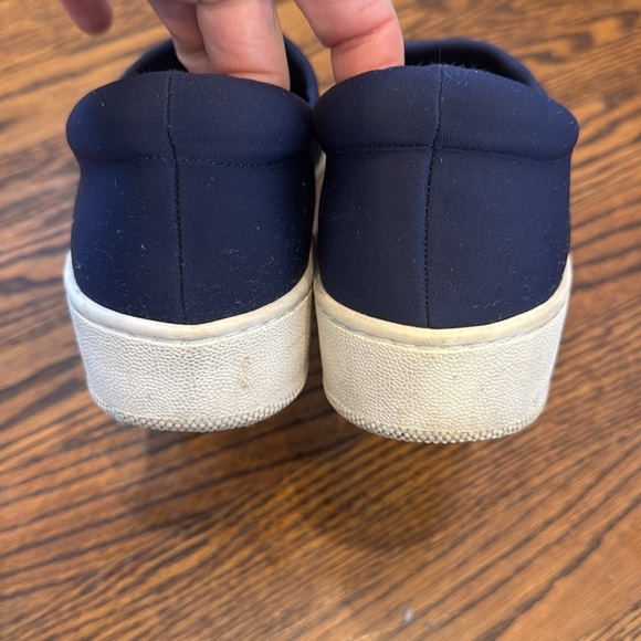 J Slides navy thick scuba fabric white sidewall slip on  loafers. Padded heel. - Picture 3 of 5